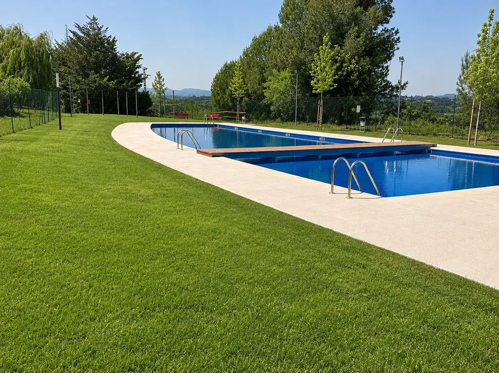 La piscina comunitaria, con el césped y las vistas al valle