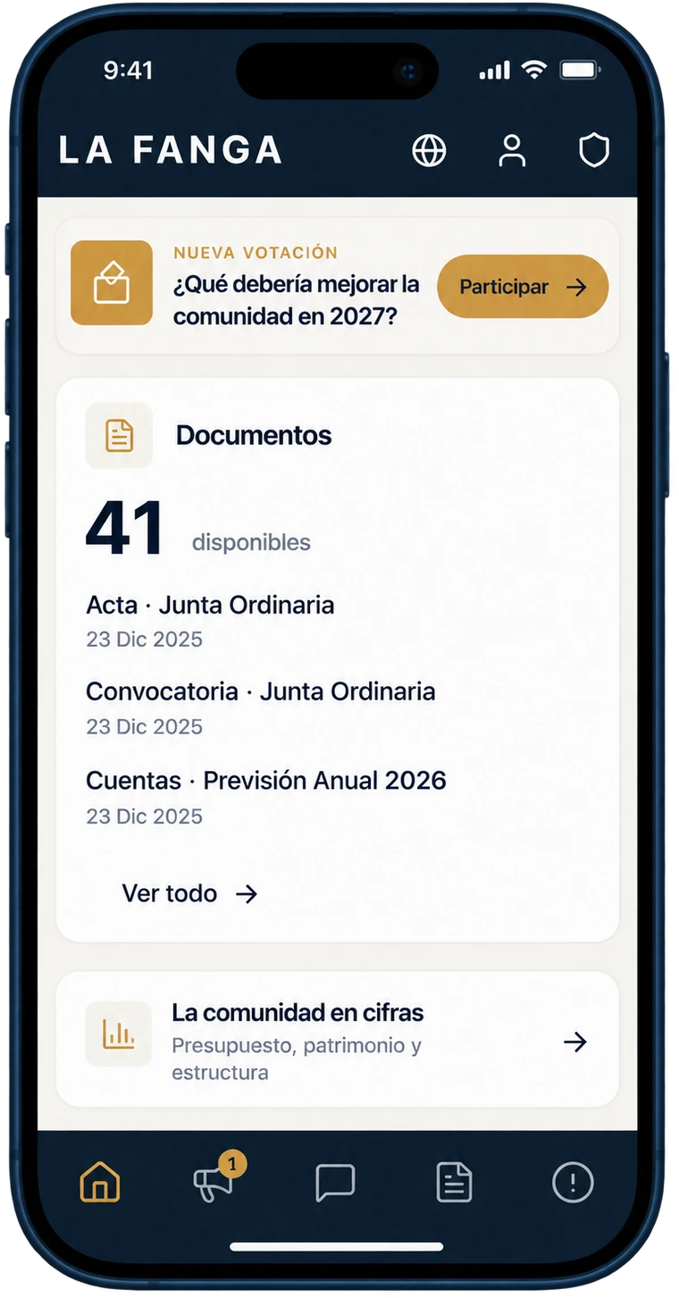 La aplicación privada de la comunidad en un teléfono, mostrando una votación abierta y el archivo de documentos.