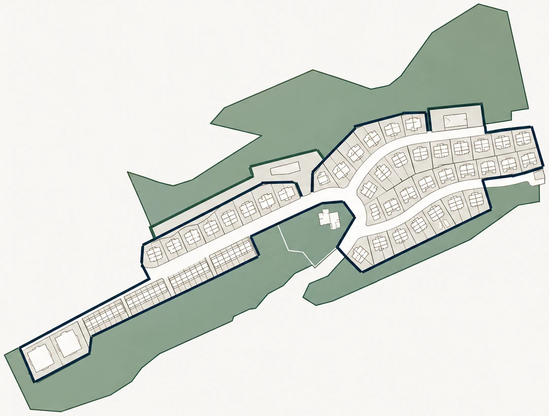Plano del conjunto residencial, con las ciento treinta y seis viviendas, las calles y los espacios comunes.